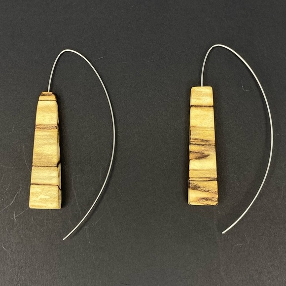 UNIQUE GENUINE WOODEN EARRINGS WITH A LONG STEM CURVED BACK - Picture 3 of 9